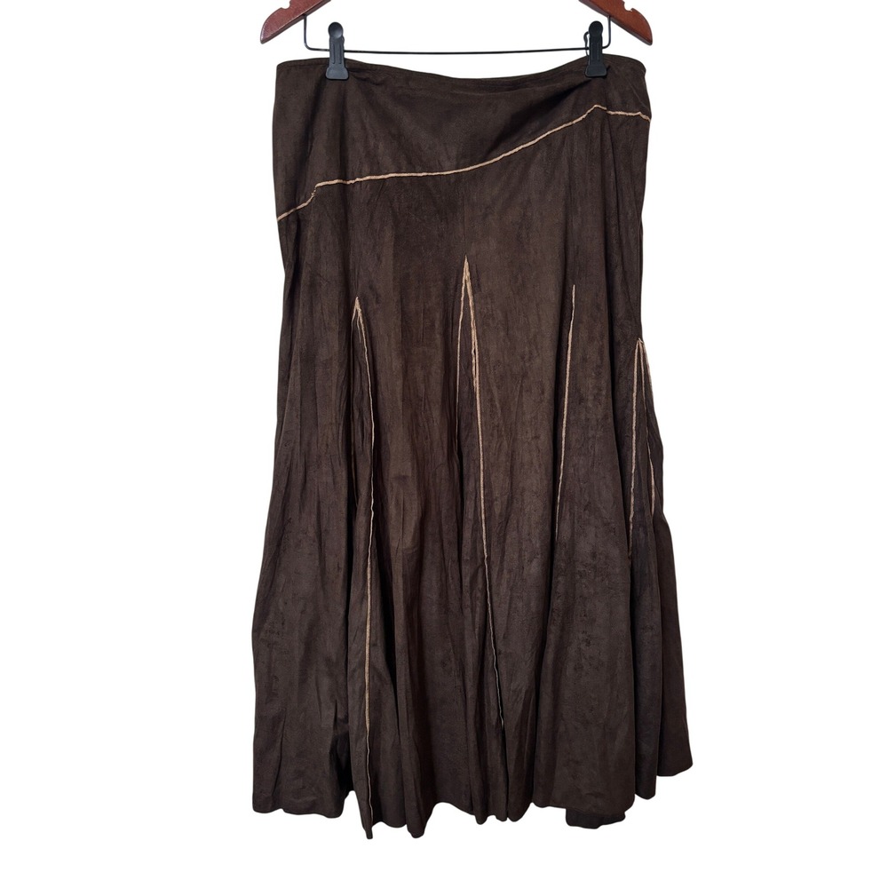 Tribal Brown Faux Suede Midi Skirt Contrast Seam Western Boho Size 12 Y2K